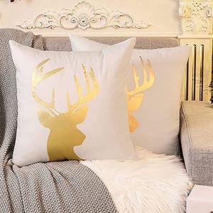 Two Pillow Covers - White with Gold Deer